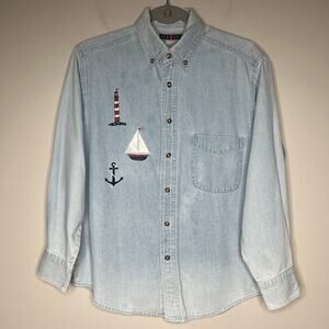 VTG Denim Button Down Shirt Nautical Lighthouse Sailboat 90s Coastal Women's S